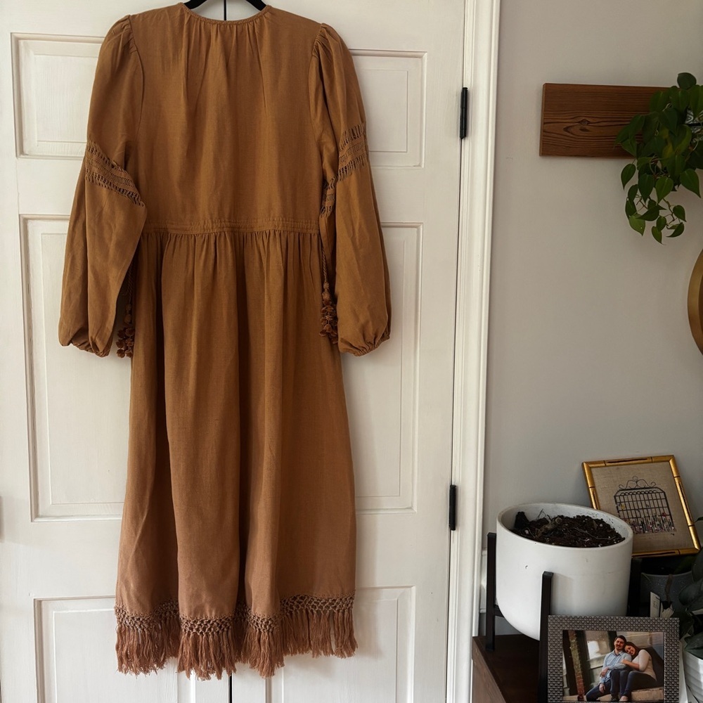 Ulla Johnson Raw Silk Kalea Midi Dress Clay Size 4 Fringe Boho‎ Bohemian Fringe - Picture 13 of 14